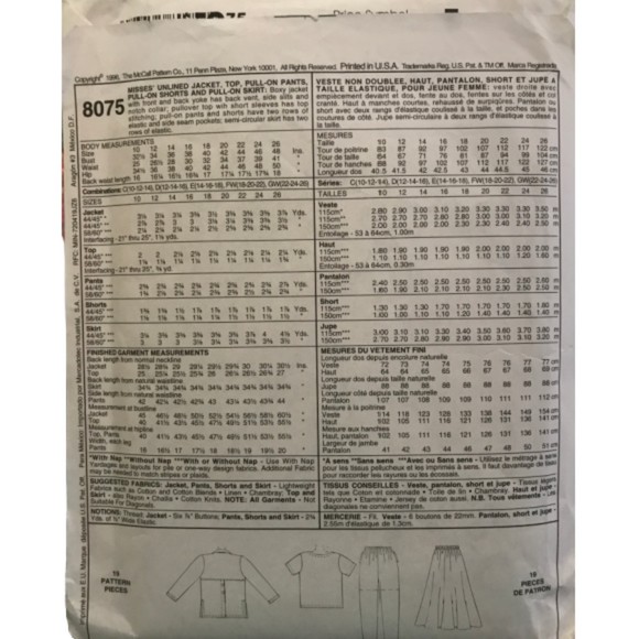 McCall's 8075 - Unlined Jacket, Top, Pull-on Pants, Pull-on Shorts and Skirt - Picture 2 of 2